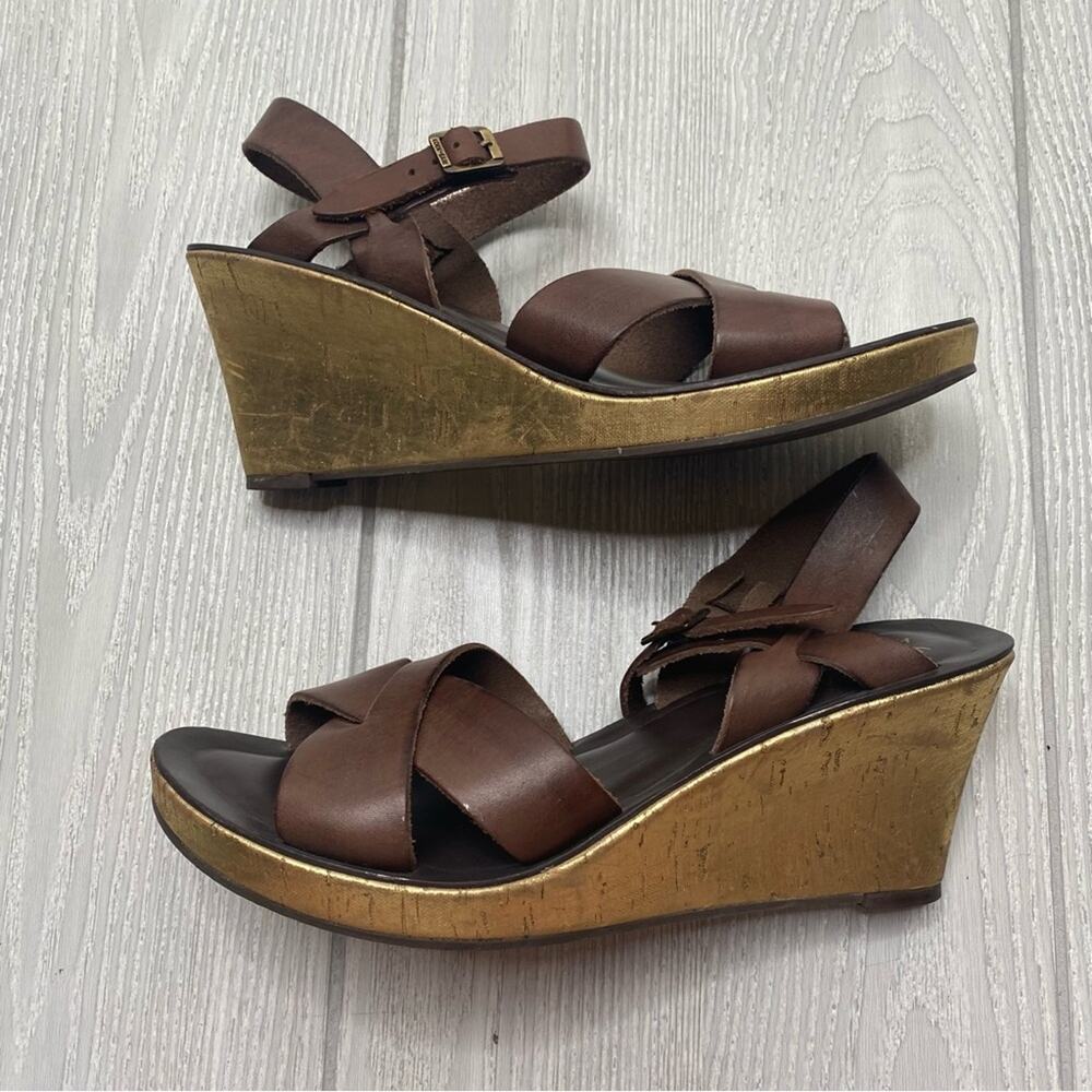 KORK-EASE WOMEN'S TAMARA BROWN LEATHER STRAPPY GOLD CORK WEDGE SANDALS SIZE 9 - Picture 8 of 10